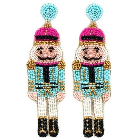 Pink and Teal Beaded Nutcracker Earrings - Picture 1 of 1
